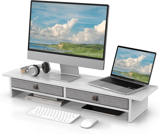 Fenge Monitor Stand with Drawer, 2 Tiers Dual Monitor Riser