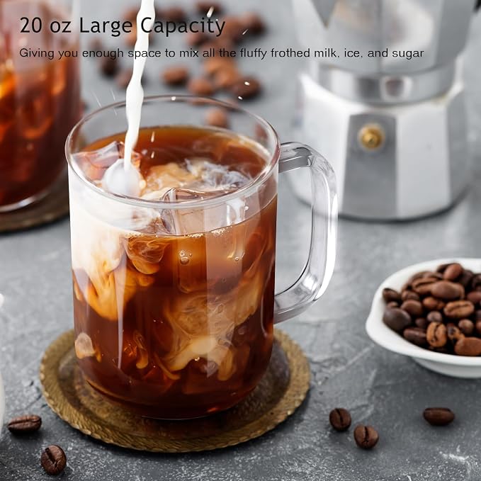Glass Coffee Mugs, 20 oz Ice Coffee Cups Set of 6, Large Clear Tea Cups