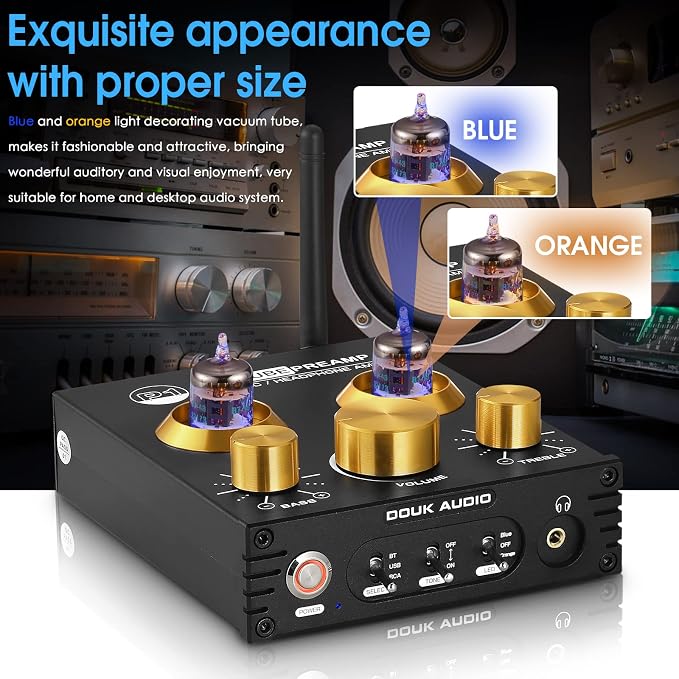 Douk Audio P1 Vacuum Tube Bluetooth Preamplifier, GE5654 Audio Preamp, Hi-Fi