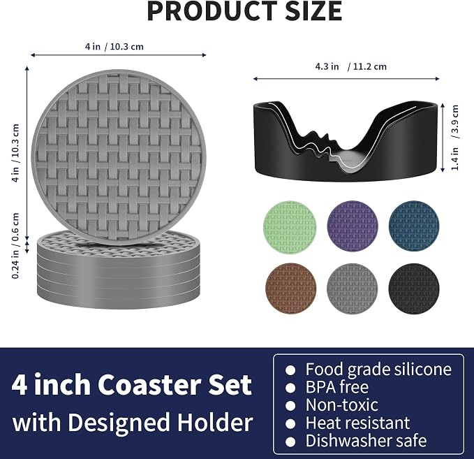 Gray Silicone Coasters with Holder, 4 Inch Non-Slip Drink Coasters Set of 6 |