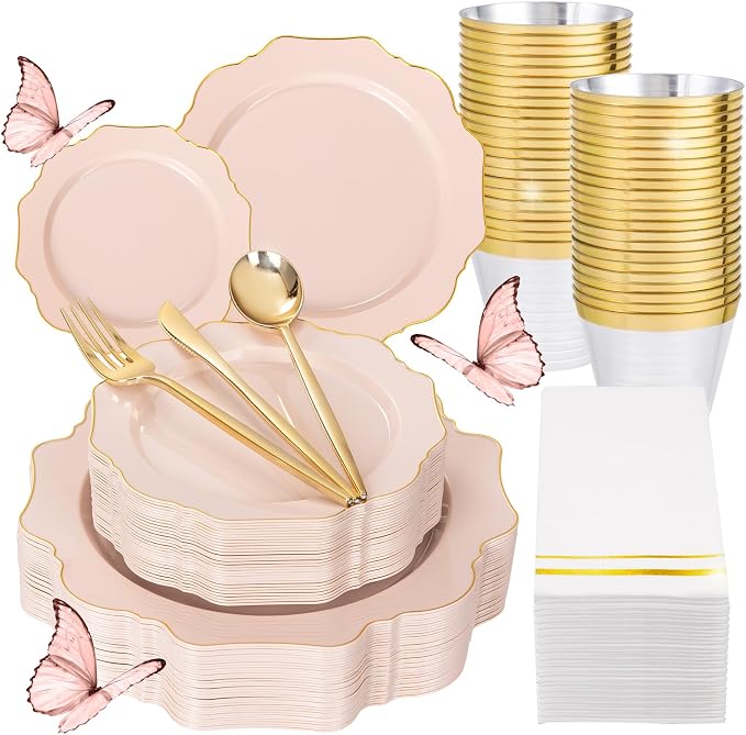 175Pcs Pink Plastic Plates