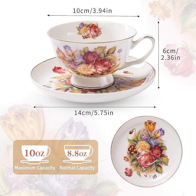 Tea Cups and Saucers, 10 OZ Bone Vintage Porcelain Coffee Cup