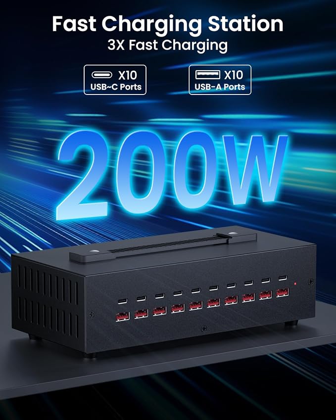 200W USB~c Charging Station, 20 Port USB Charger Block, Fast Charging Station