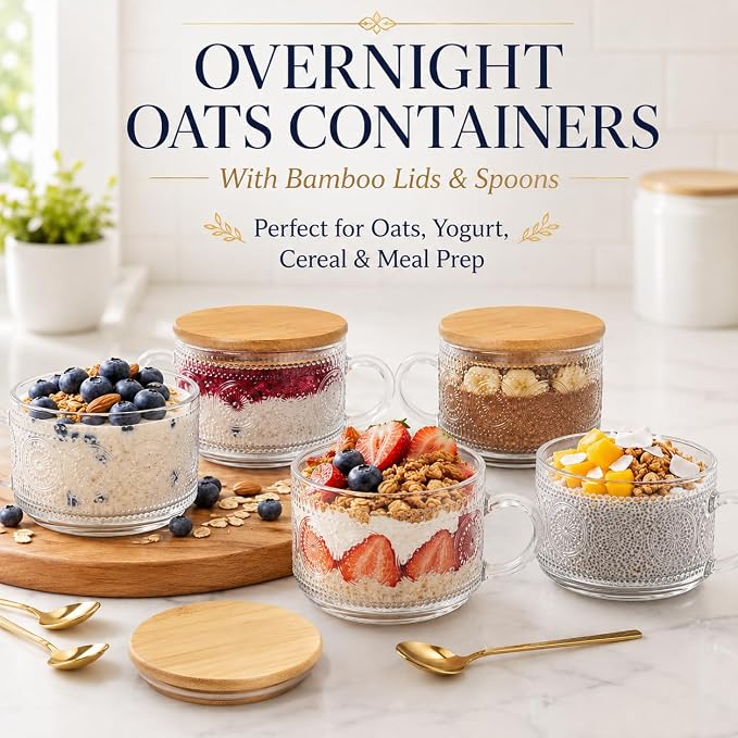 Semderm Vintage Glass Coffee Mugs Set of 4, Overnight Oats Containers - 14oz