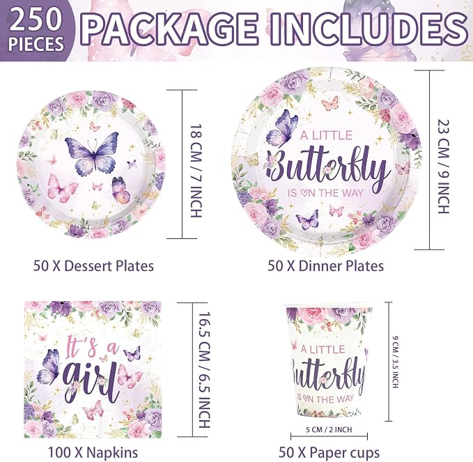 250 Pcs Butterfly Baby Shower Decorations, Serves 50 | A Little Butterfly is on