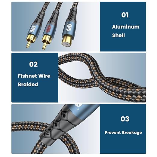 EMK RCA Splitter 2 Male to Female Extension Cable Dual Shielding Gold Plated