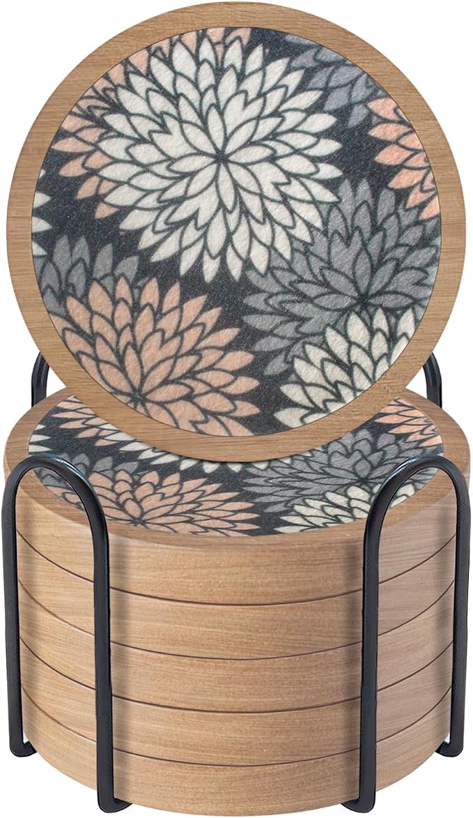 Wood Coasters Set of 6 with Holder, Cewiru Cup Mat