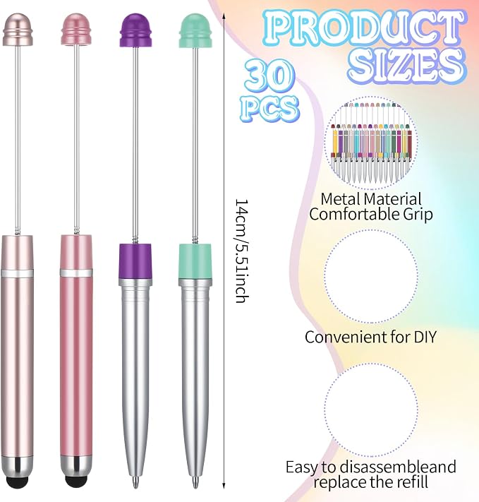 Qilery 30 Pcs Beaded Pens with Stylus Tips Plastic Beaded DIY Stylus 2-in-1