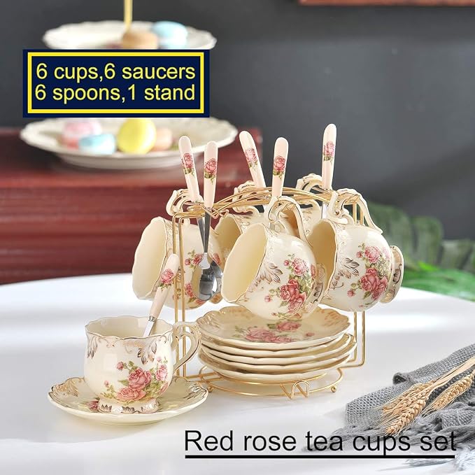 YOLIFE Tea Cups and Saucers Set of 6, 8 OZ Pink Rose Coffee Cups | Ivory