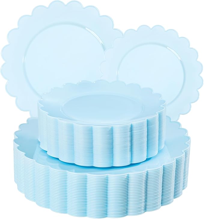 100Pcs Blue Scalloped Plastic Plates Set