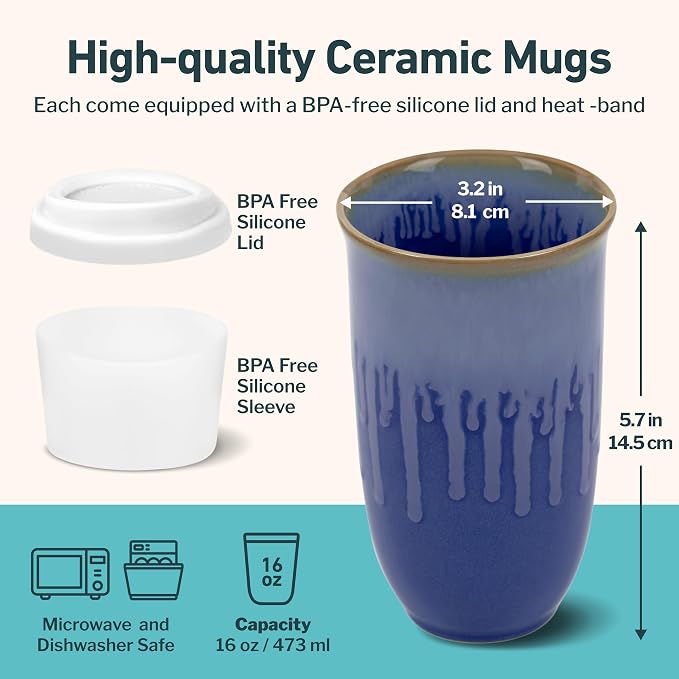 NOVA CERAMICS Ceramic Tumbler– Blue Ceramic Mug – Microwave & Dishwasher Safe