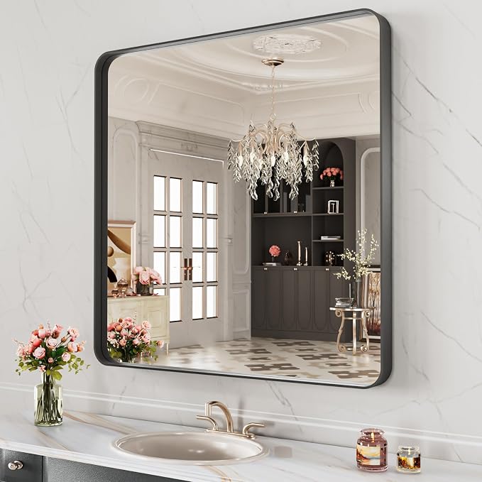 32X32 Inch Black Metal Framed Bathroom Mirror