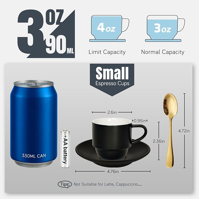 Lareina Porcelain 3-Ounce Espresso Cups Set of 6, Small Stackable Coffee Cups