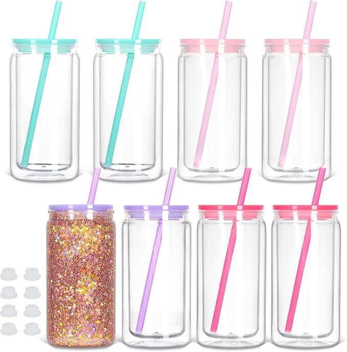 8 Pack Plastic Snow Globe Tumbler, 16 Oz Double Wall Plastic Can