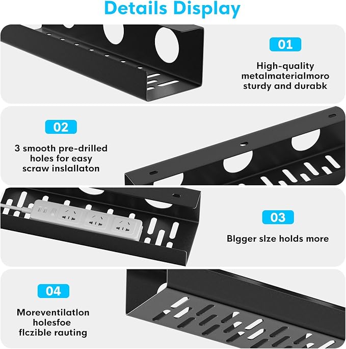 Self-Adhesive Under Desk Cable Management Tray 2 Pcs Steel Under Desk Wires