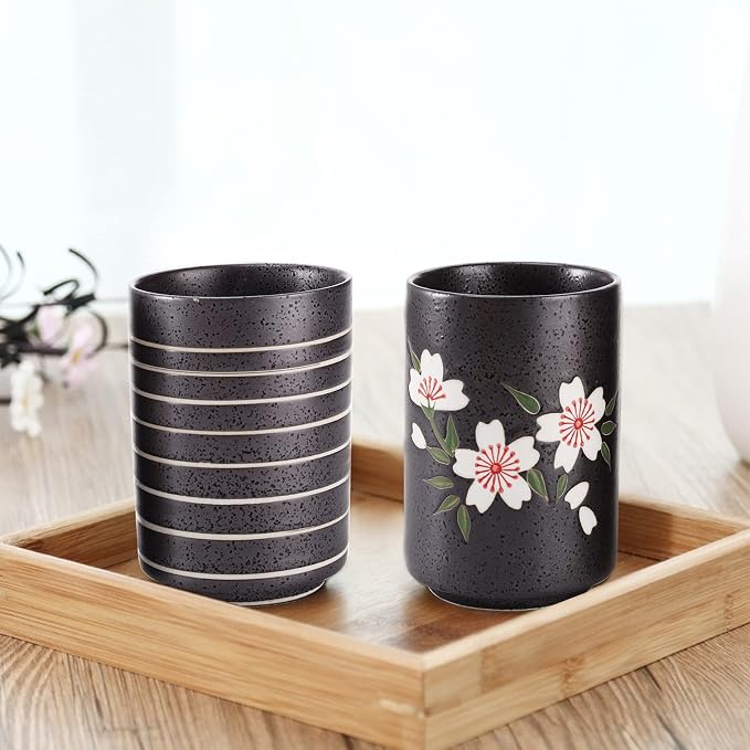Hedume Set of 2 Japanese Tea Cups, 10oz Ceramic Teacup Mug, Japanese Cherry
