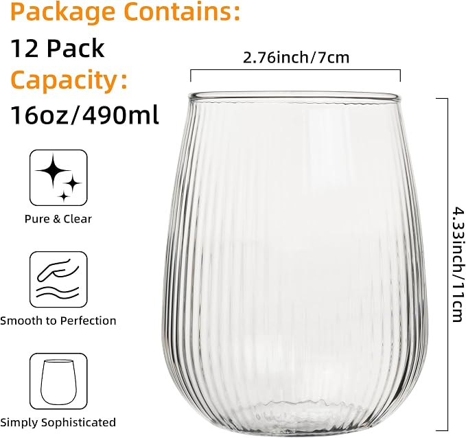 UMEIED 12 Pack Textured Glass Cups, 490ml | Elegant Vertical Ribs, Flat Base