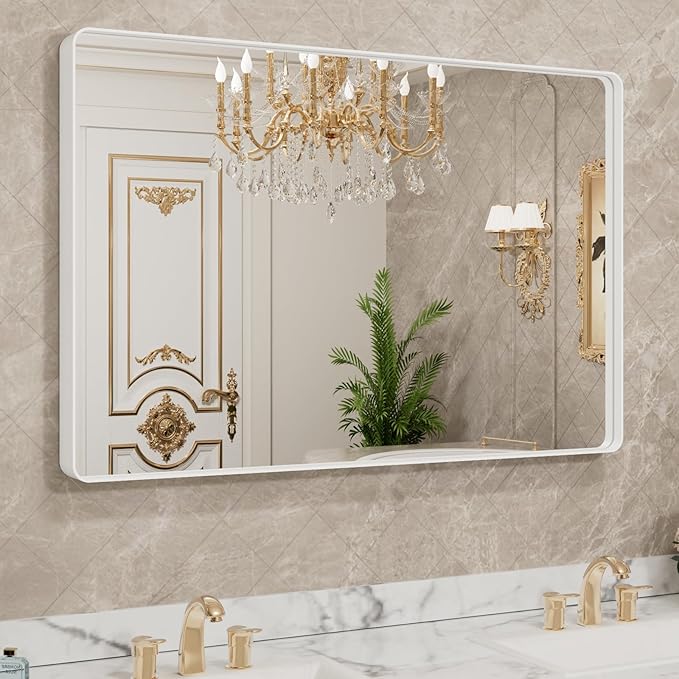 48x30 Inch White Metal Framed Bathroom Mirror