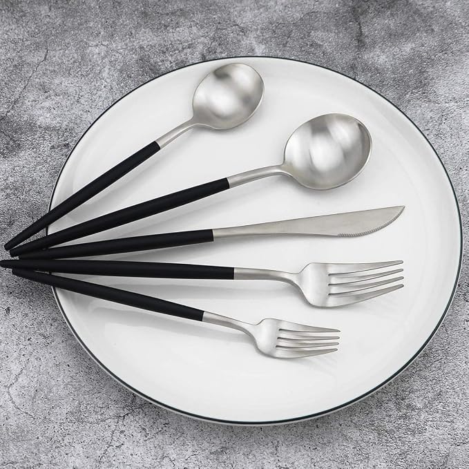 Black Handle Matte Silver Silverware Set