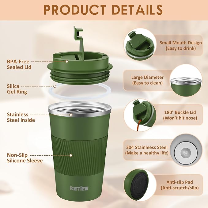 KETIEE Travel Coffee Mug 12oz: Vacuum Insulated Coffee Cup