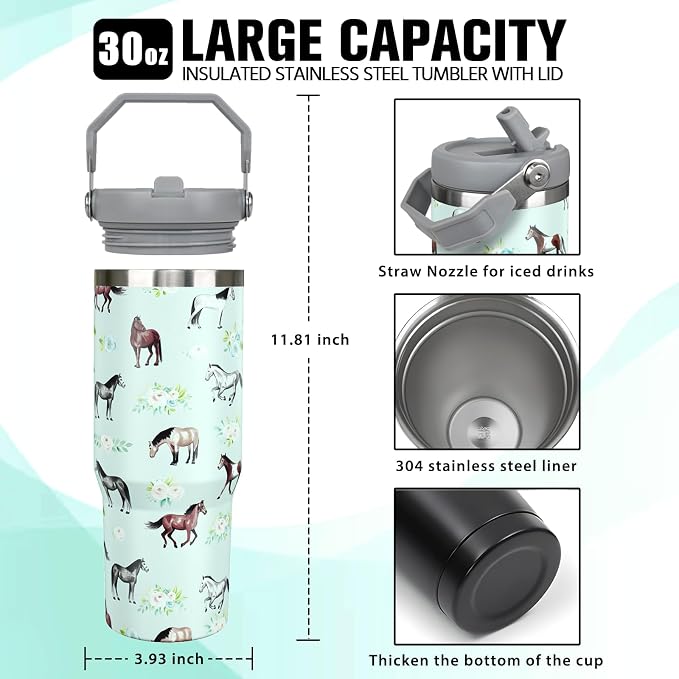 30 oz Horse Tumbler with Handle and Flip Straw, Vacuum Insulated Water Bottle