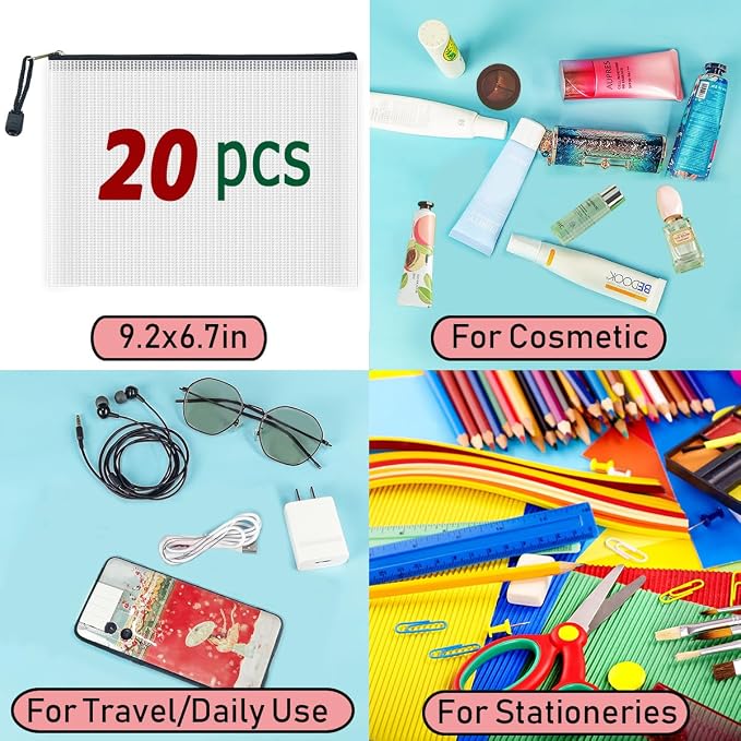 AUSTARK 20 Pcs Zipper File Bags, Plastic Mesh Pouch, Board Game Storage Bag