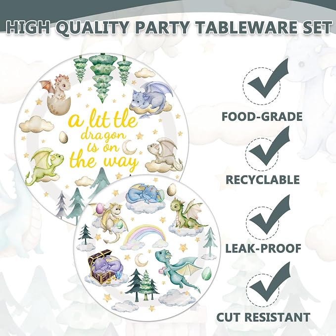 EUOYUFO 96Pcs A Little Dragon is On The Way Baby Shower Paper Plates Napkins