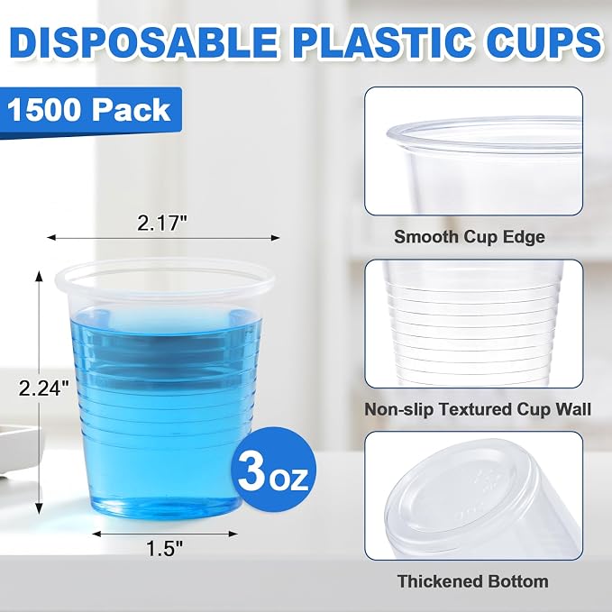 SIUQ 1500 Pack 3 oz Clear Plastic Cups, Disposable Bathroom Mouthwash Cups |