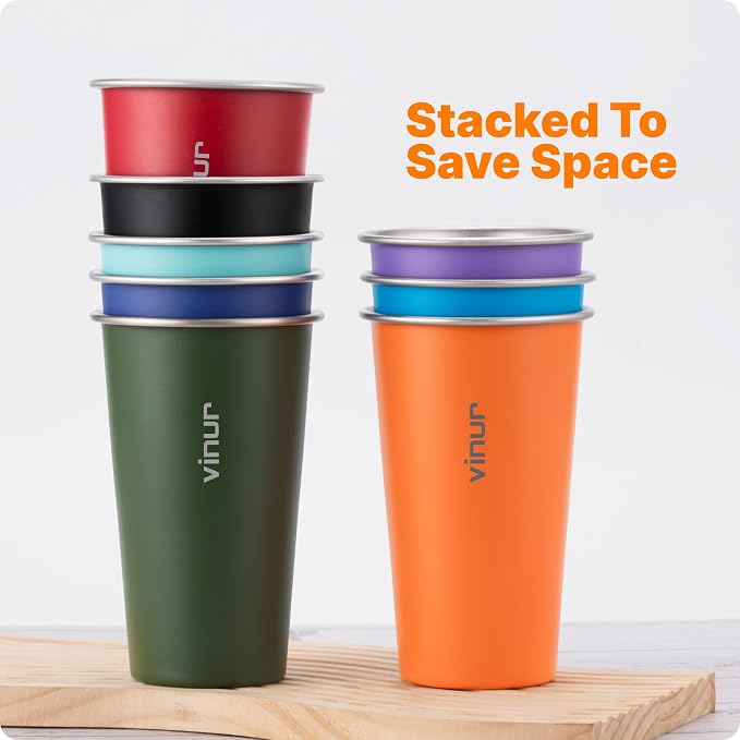VINUR Stainless Steel Cups-20 oz Stackable Metal Drinking Glasses 8 Pcs | 20 oz