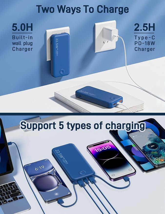 Portable Charger with Built in Cable and AC Wall Plug, USB C Power Bank