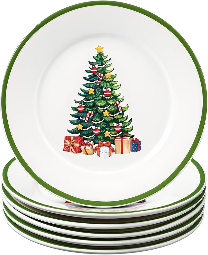 Honeydak 6 Pcs 6 Inch Christmas Plates Ceramic Xmas Tree Decorations Porcelain