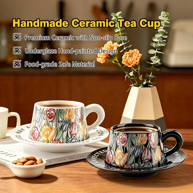 Tea Cup and Saucer Set Floral Design Porcelain Ceramic Coffee Cup Sets