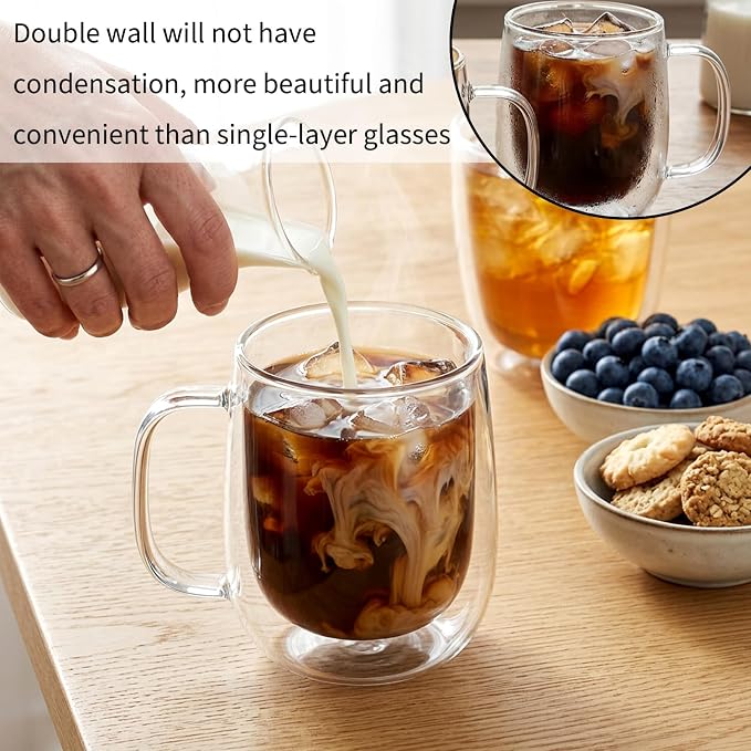 6 Pack Double Wall Glass Mugs 12 oz, Insulated Clear Coffee Cups