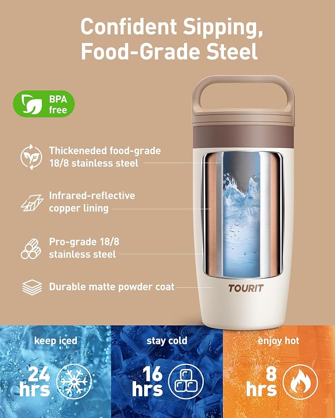 TOURIT Travel Coffee Mug 16 oz, Leakproof 2-Part Drink Lid Tumbler, Off-White |