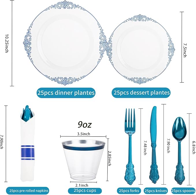 175 Pcs Clear Blue Plates for Graduation | Blue Party Plates Set for 25 Guests