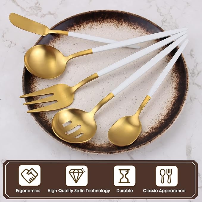 VANVRO Matte White Gold Serving Silverware Set, 5-Piece Round Shared Utensils