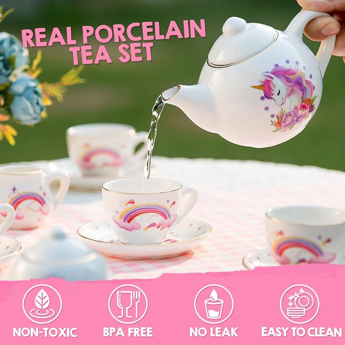 TUZT Porcelain Tea Party Set for Little Girls Kids Toddlers, Pretend Play Toys