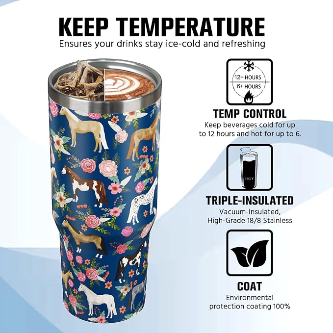 30 oz Horse Tumbler with Handle and Flip Straw, Vacuum Insulated Water Bottle