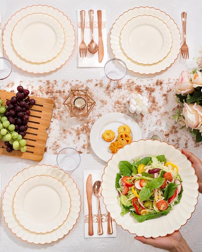 YOUBET 175PCS Ivory Scalloped Plastic Plates