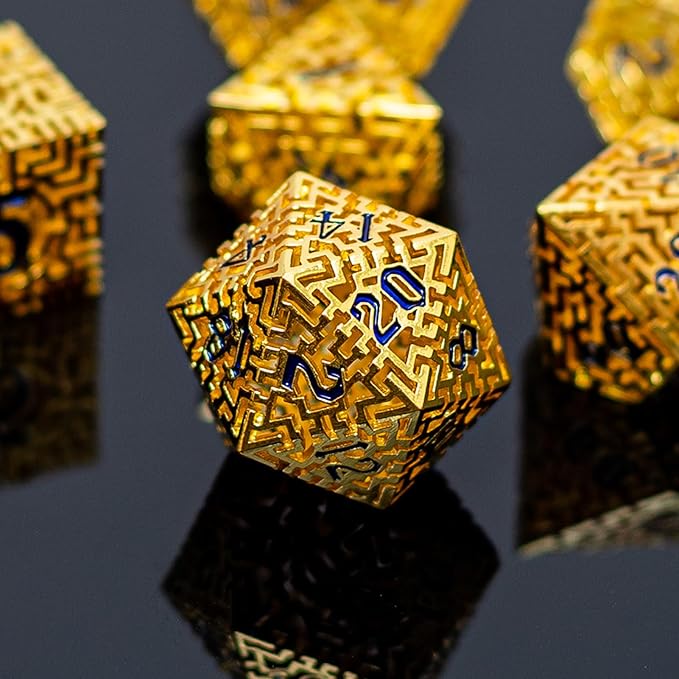Golden Metal Hollow DND Dice Set Metallic Luster Maze Design