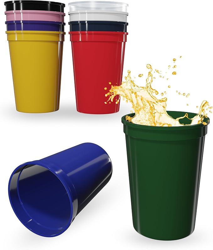 PartyPrints 10 Pack 16 oz Assorted Reusable Blank Plastic Cups, Stadium Cups
