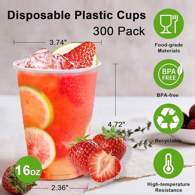 Lamosi 300 Count 16 oz Clear Plastic Cups, Disposable Cold Drinking Cups |
