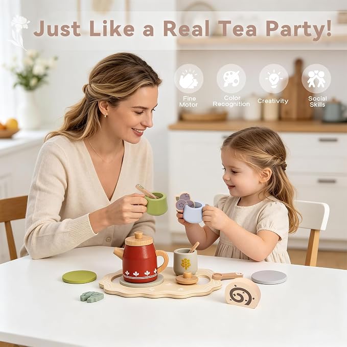 Wooden Tea Set for Little Girls, Play Food Sets for Kids Pretend Play Kitchen