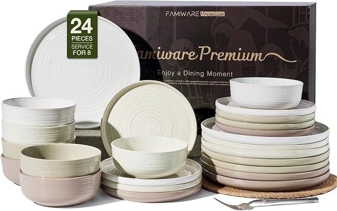 Stoneware Dinnerware Set for 8, Plates & Bowls, Chip & Scratch Resistant