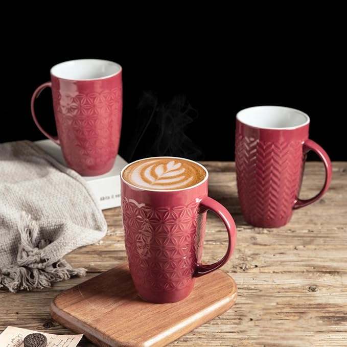 AmorArc 20 oz Large Coffee Mugs Set of 6, Embossed Ceramic Coffee Mugs