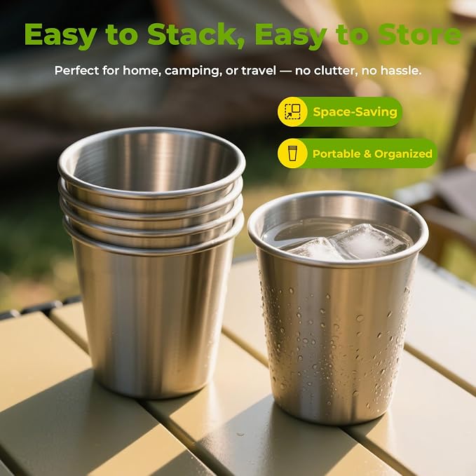 8oz Stainless Steel Pint Cups, Stackable Metal Drinking Glasses | Stainless
