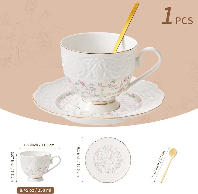 TATSUMI Interglio Embossed Bone China Tea Cup and Saucer Set, 3 Pieces Vintage
