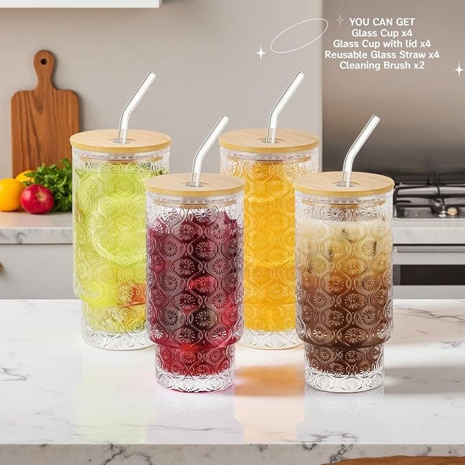 Vintage Glass Cups with Bamboo Lids and Straws–4Sets 11oz Iced Coffee Cups