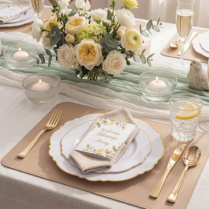 60pcs White and Gold Plastic Plates