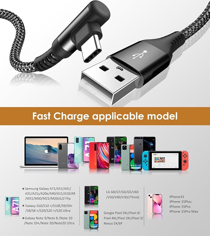 sweguard USB Type C Charger Cable Right Angle iPhone 16 Charger Nylon Braided
